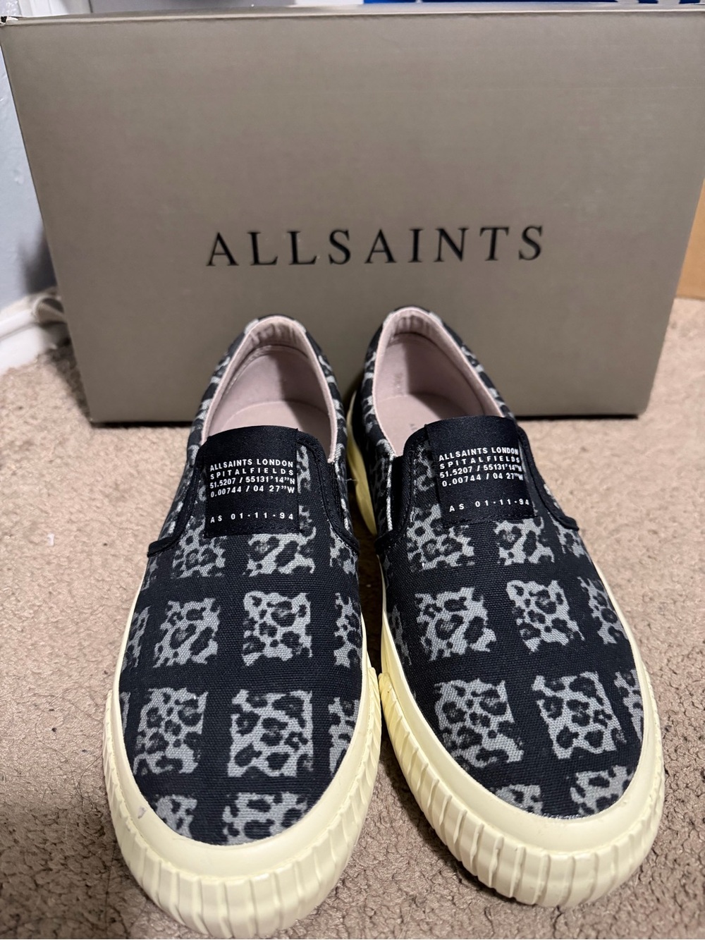 AllSaints Black Patterned Canvas Slip-On Loafers with Cream Sole